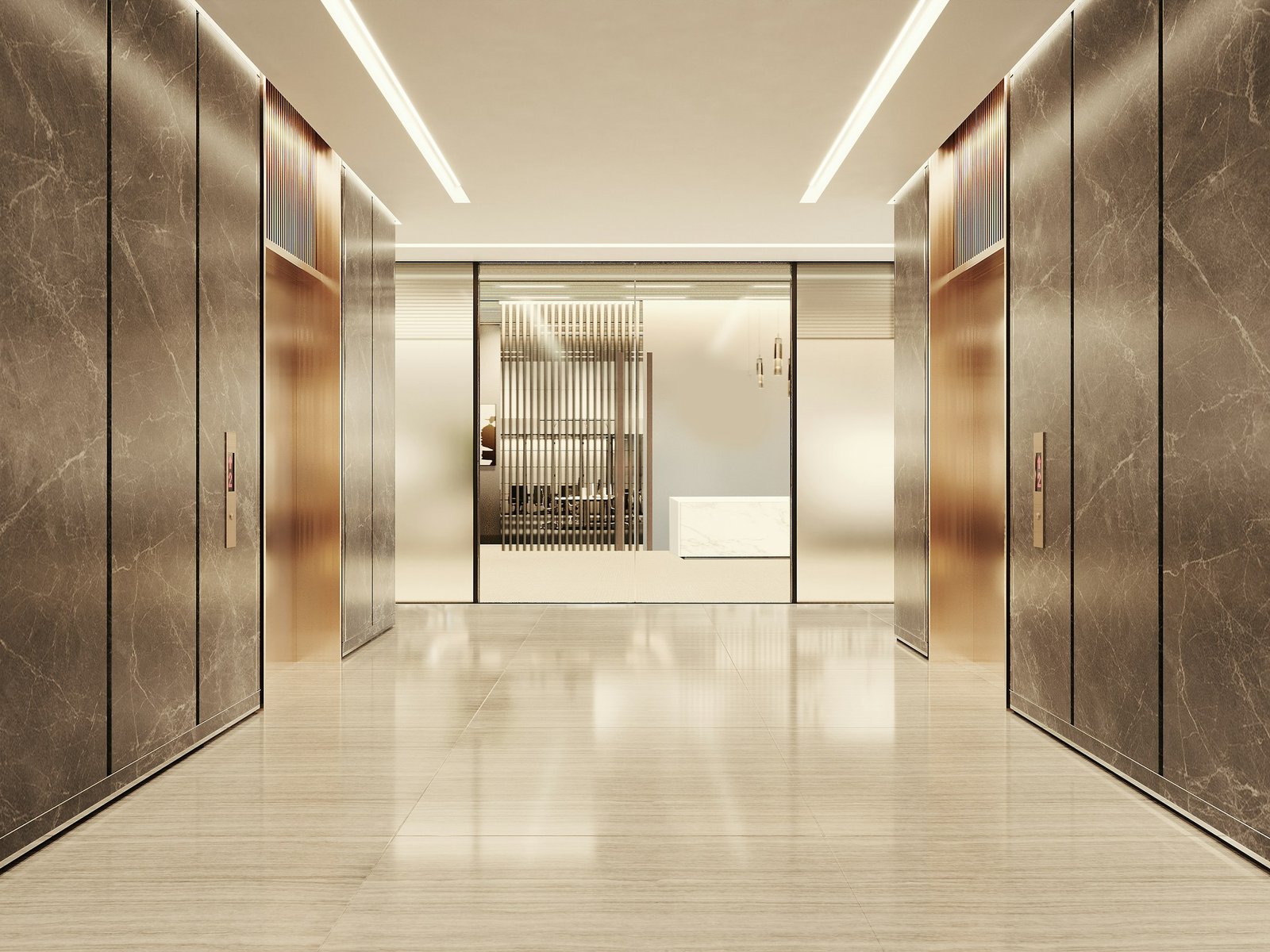 Lobby elevator modern dengan pencahayaan elegan